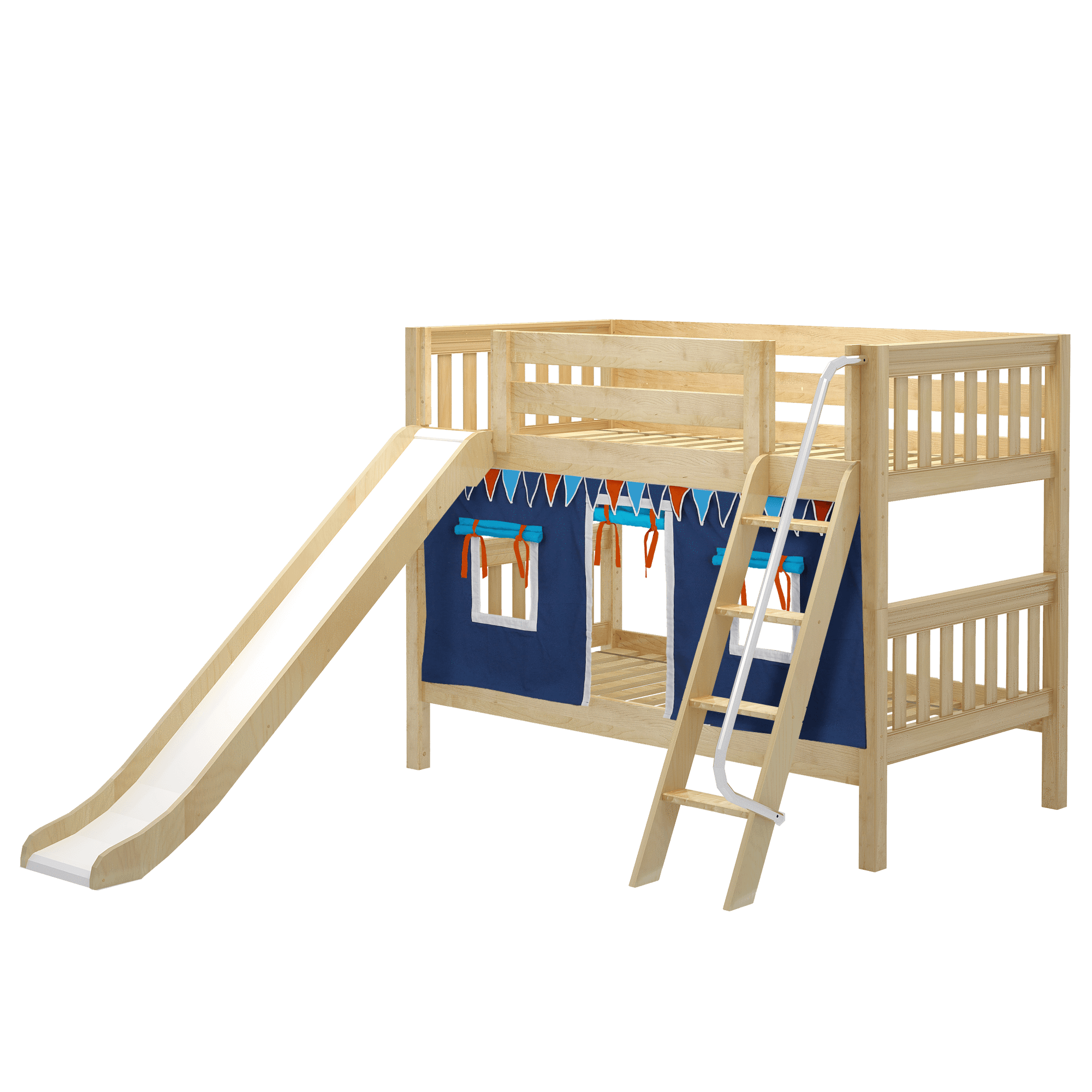 Maxtrix Twin Low Bunk Bed with Angled Ladder, Curtain + Slide