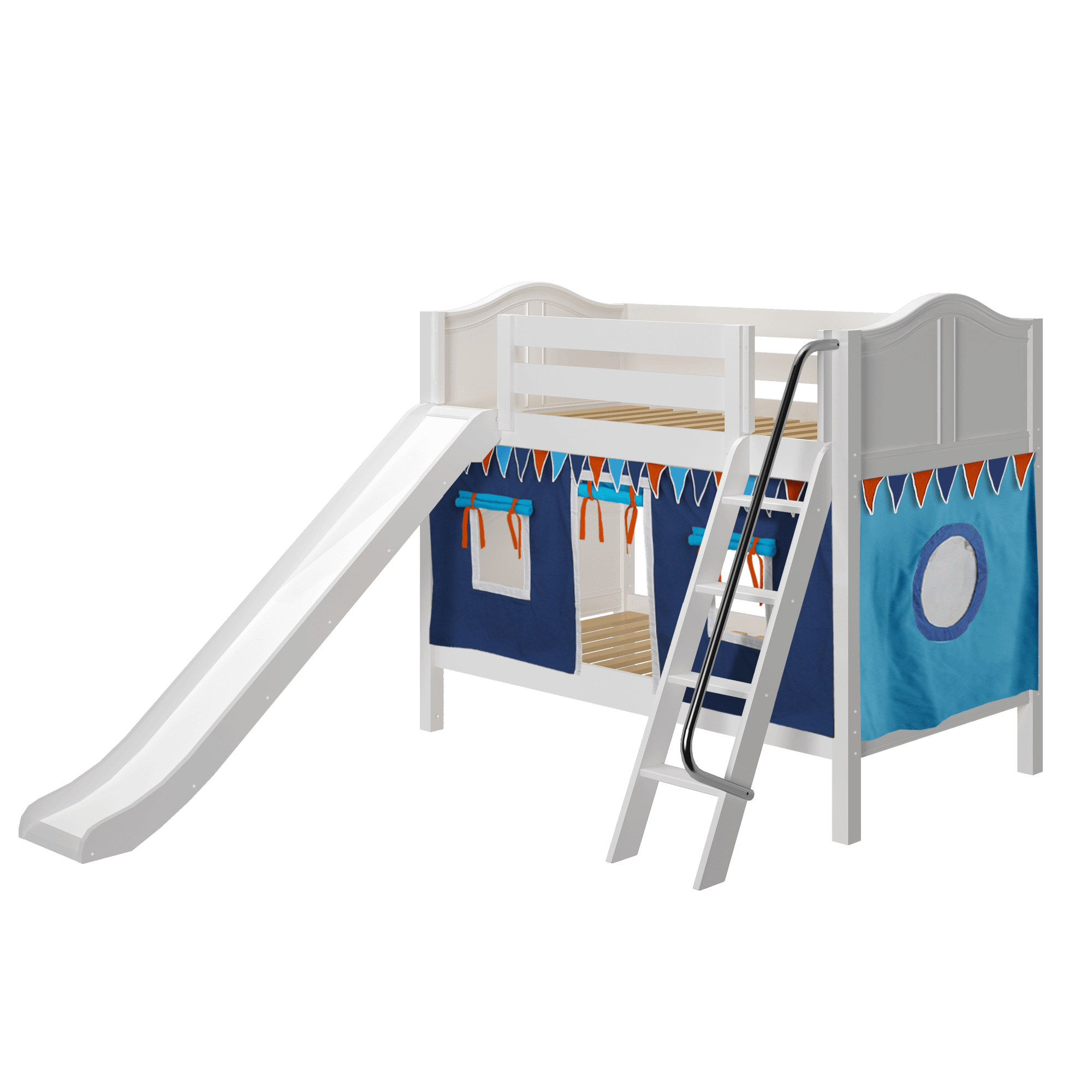 Maxtrix Twin Low Bunk Bed with Angled Ladder, Curtain + Slide