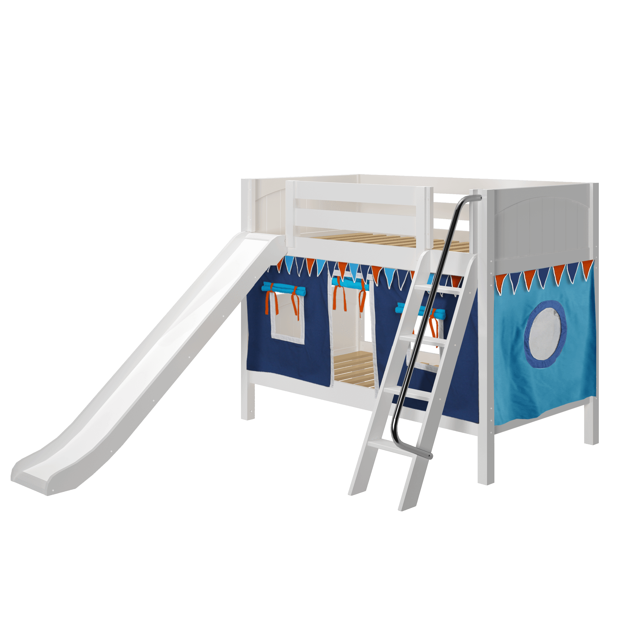 Maxtrix Twin Low Bunk Bed with Angled Ladder, Curtain + Slide