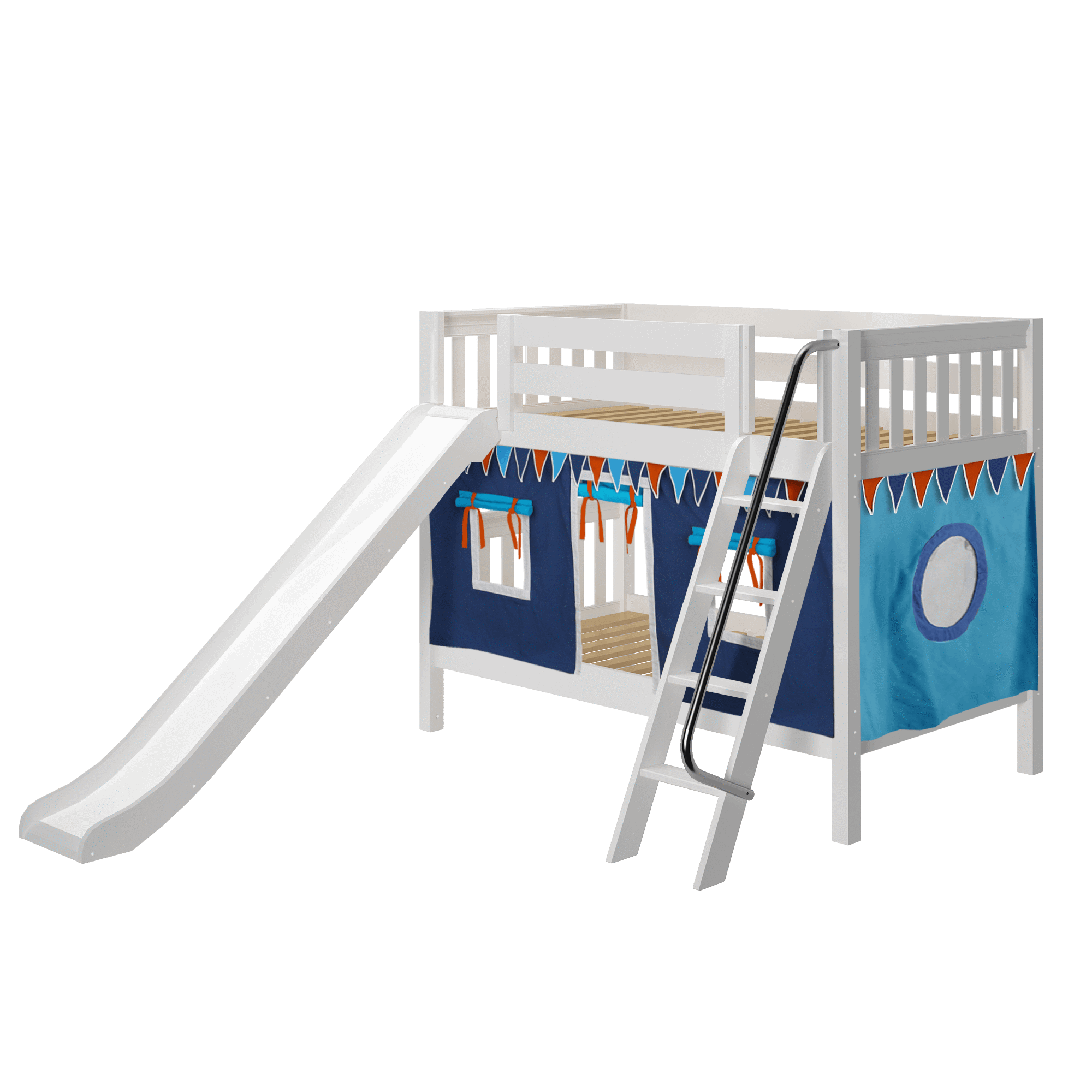 Maxtrix Twin Low Bunk Bed with Angled Ladder, Curtain + Slide