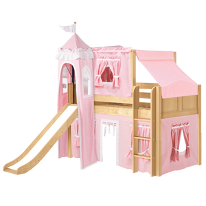 Maxtrix Twin Low Loft Bed with Straight Ladder, Curtain, Top Tent, Tower + Slide