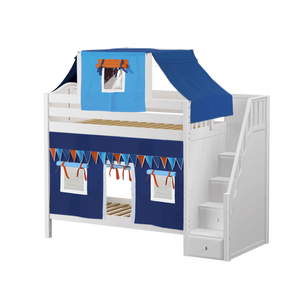 Maxtrix Twin High Bunk Bed with Stairs, Curtain + Top Tent