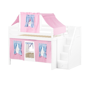 Maxtrix Full Low Bunk Bed with Stairs, Curtain + Top Tent