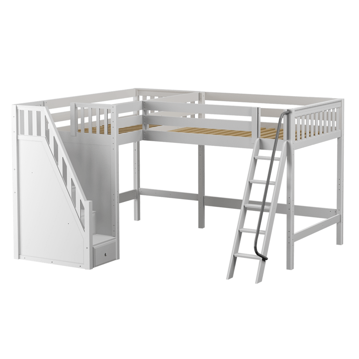 Maxtrix Twin Full High Corner Loft Bed with Ladder + Stairs - L