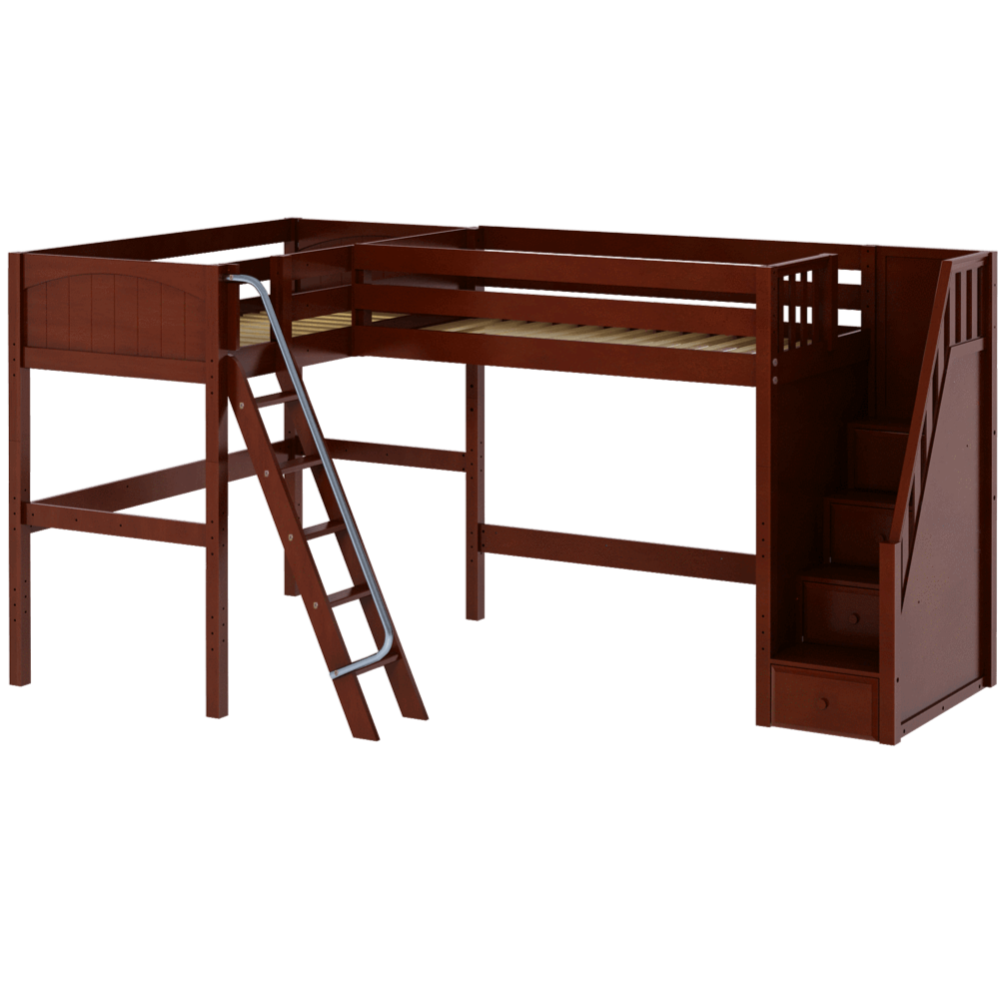 Maxtrix Twin High Corner Loft Bed with Ladder + Stairs - R