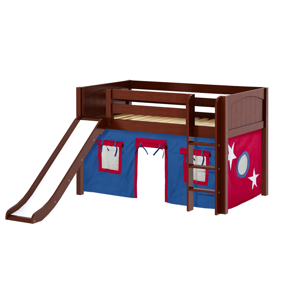 Maxtrix Twin Low Loft Bed with Straight Ladder, Curtain + Slide