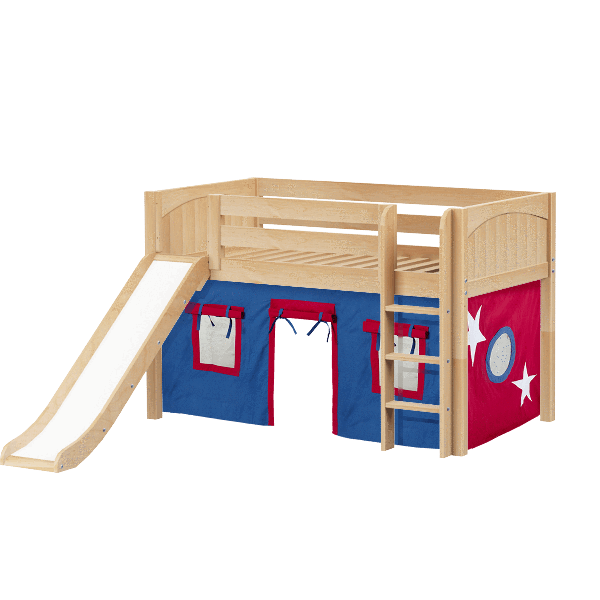 Maxtrix Twin Low Loft Bed with Straight Ladder, Curtain + Slide