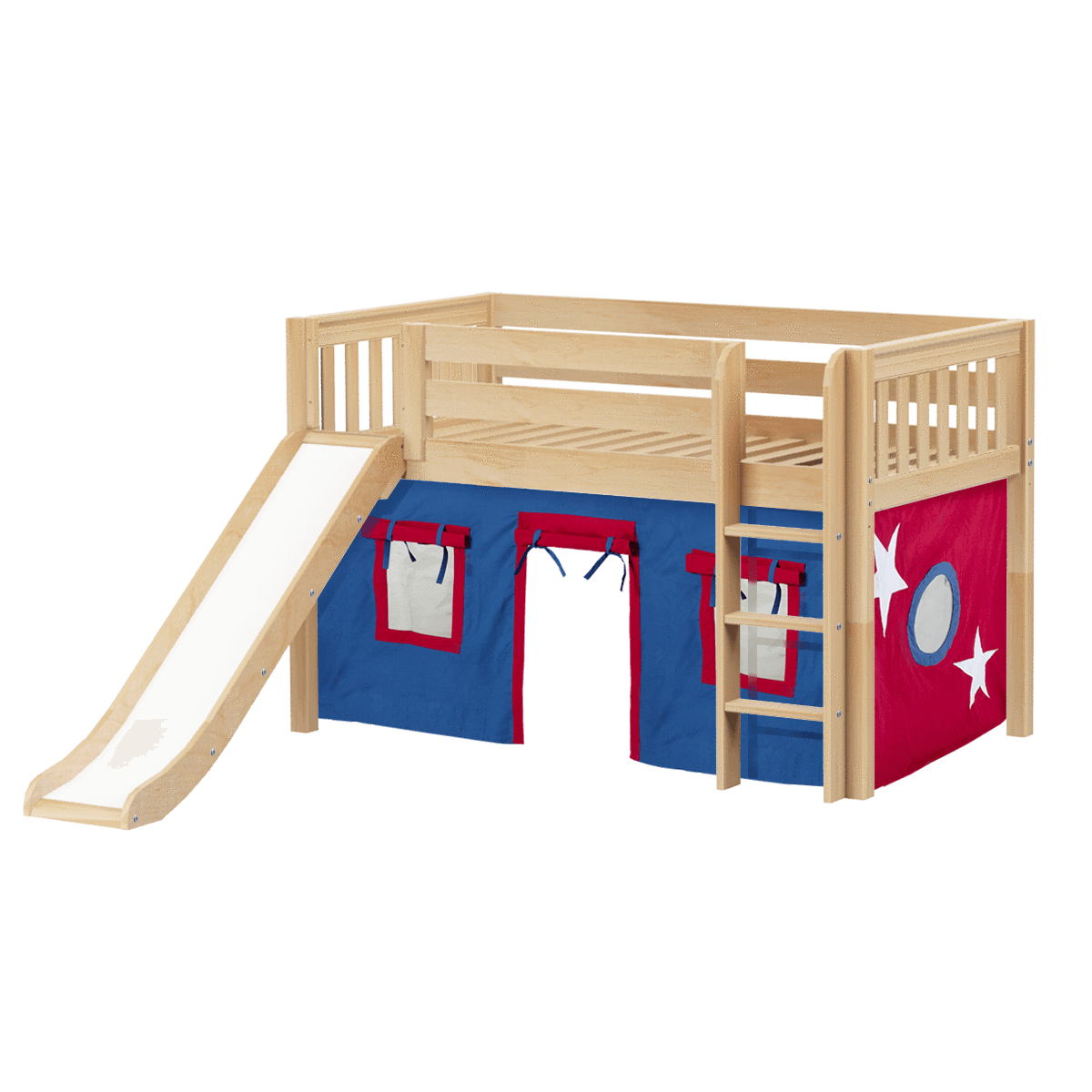 Maxtrix Twin Low Loft Bed with Straight Ladder, Curtain + Slide