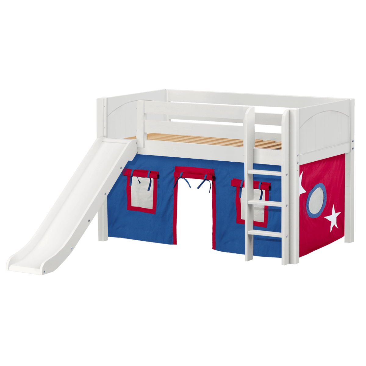 Maxtrix Twin Low Loft Bed with Straight Ladder, Curtain + Slide