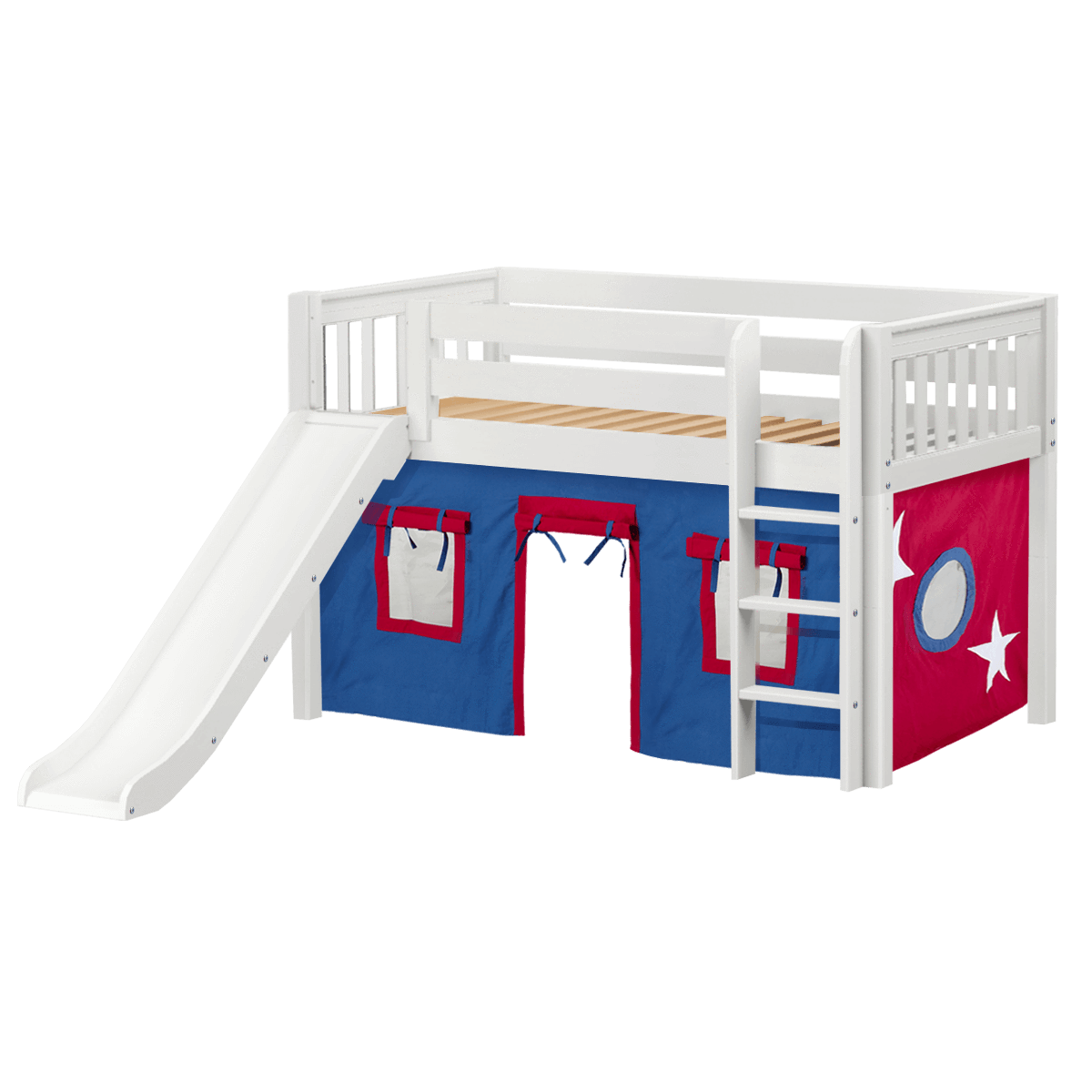 Maxtrix Twin Low Loft Bed with Straight Ladder, Curtain + Slide