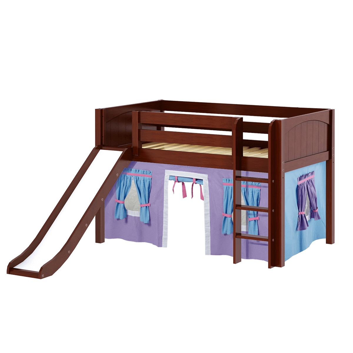 Maxtrix Twin Low Loft Bed with Straight Ladder, Curtain + Slide