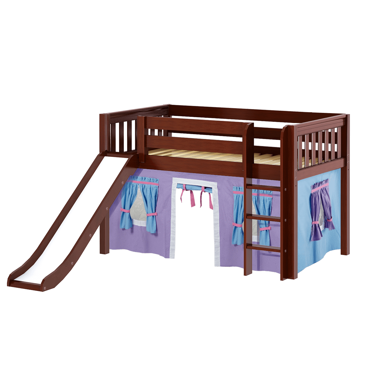 Maxtrix Twin Low Loft Bed with Straight Ladder, Curtain + Slide