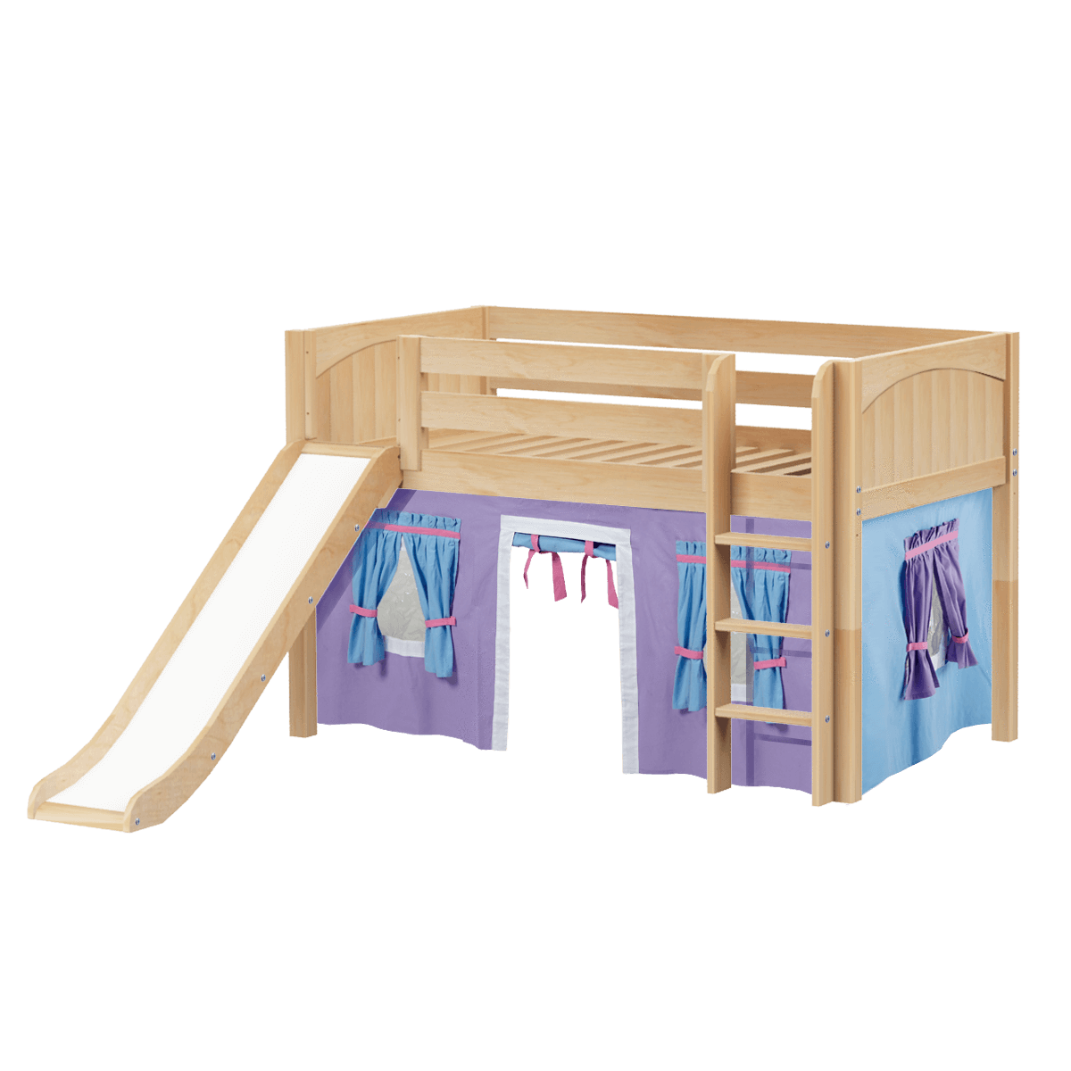 Maxtrix Twin Low Loft Bed with Straight Ladder, Curtain + Slide