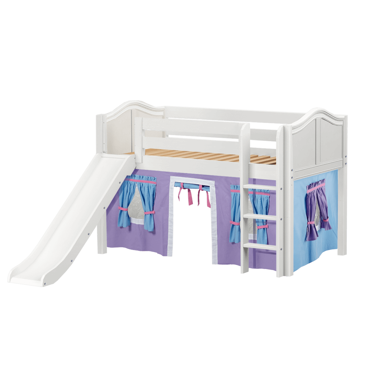 Maxtrix Twin Low Loft Bed with Straight Ladder, Curtain + Slide