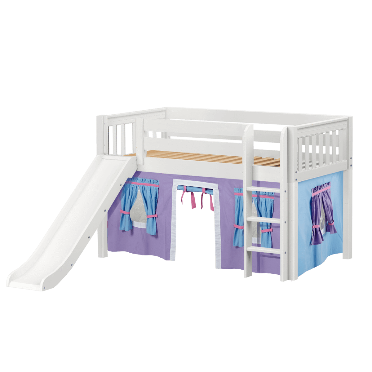 Maxtrix Twin Low Loft Bed with Straight Ladder, Curtain + Slide