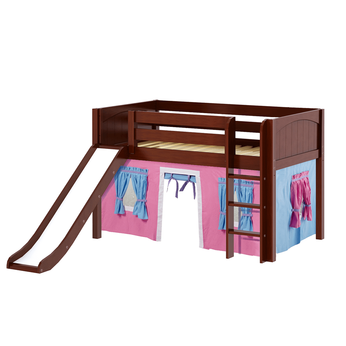 Maxtrix Twin Low Loft Bed with Straight Ladder, Curtain + Slide