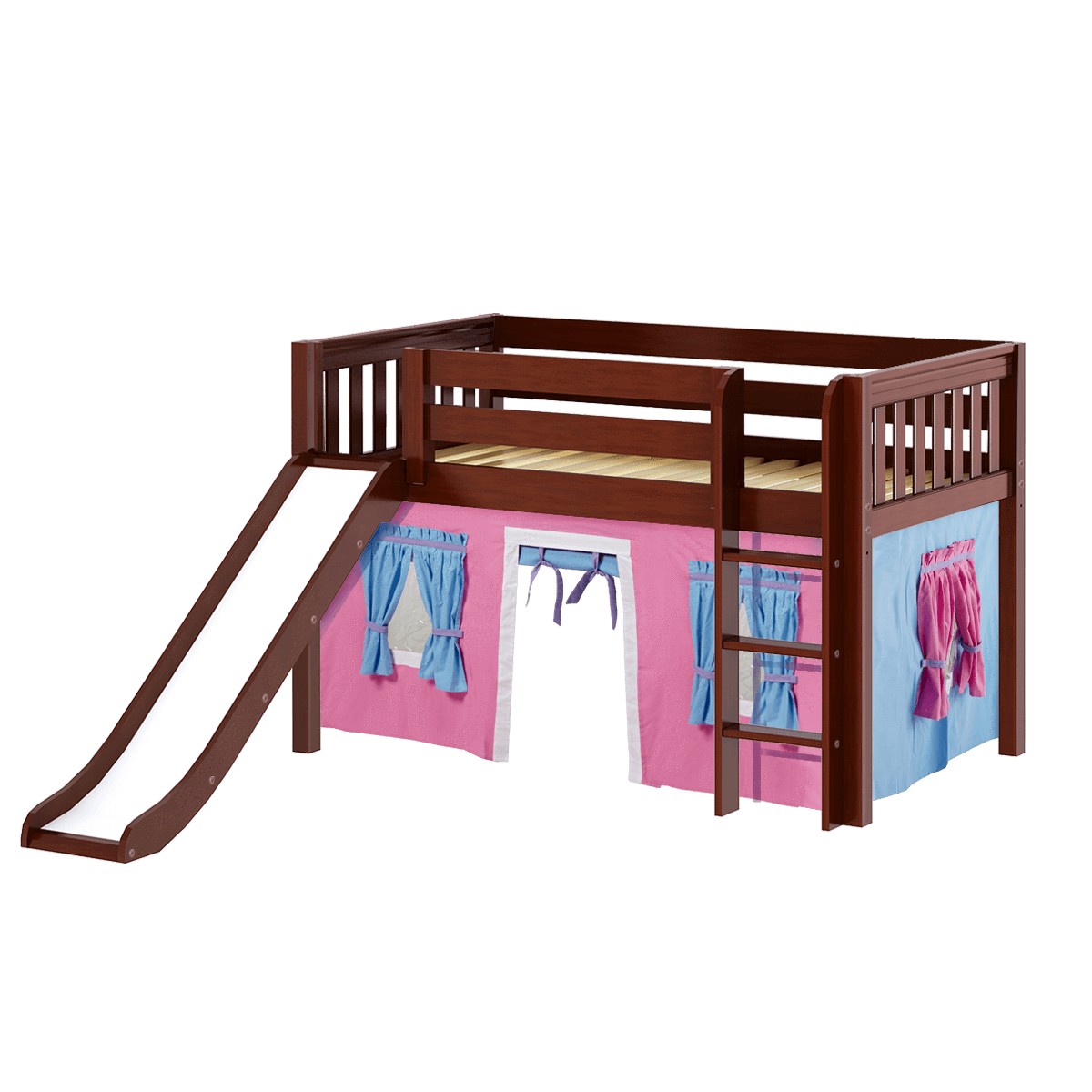 Maxtrix Twin Low Loft Bed with Straight Ladder, Curtain + Slide