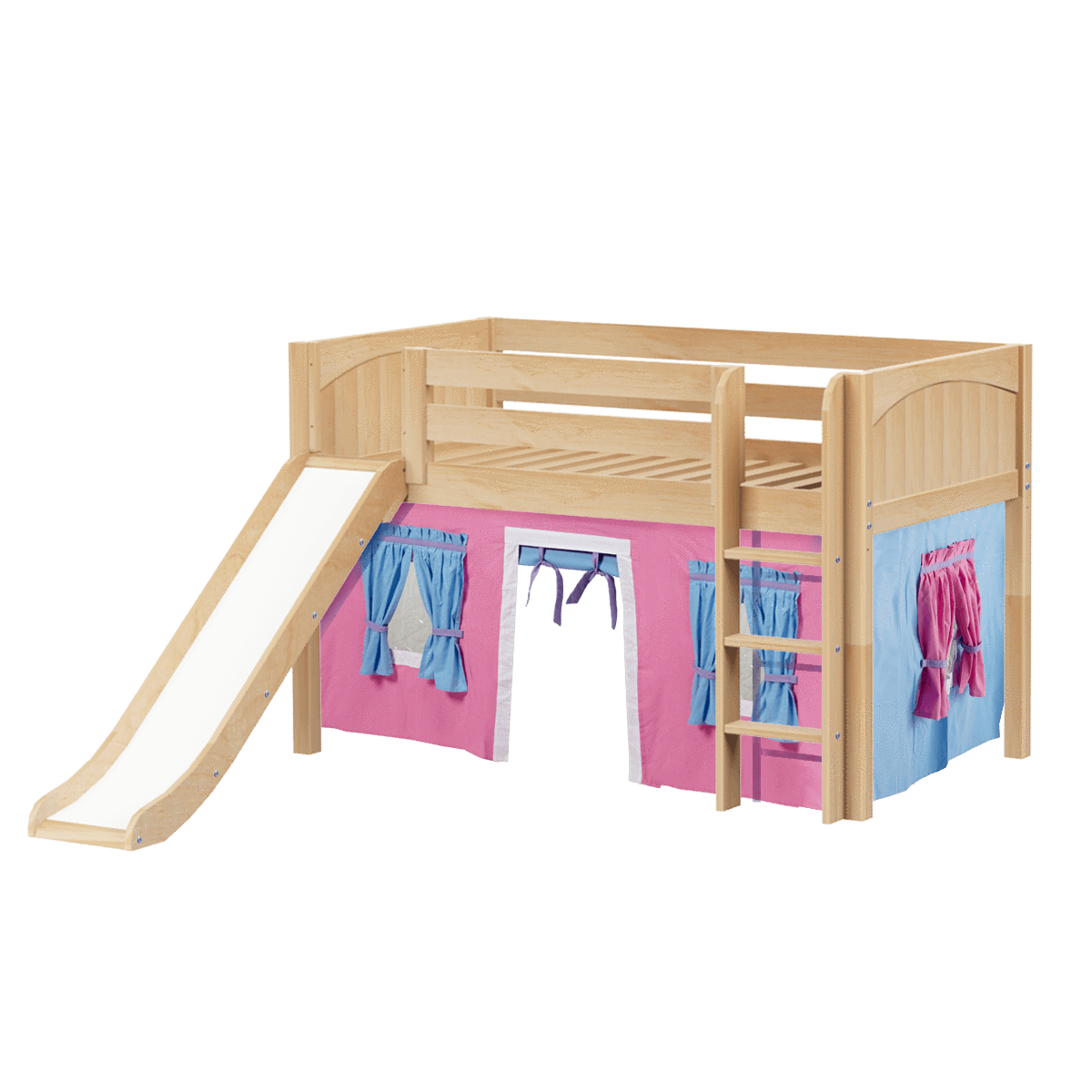 Maxtrix Twin Low Loft Bed with Straight Ladder, Curtain + Slide