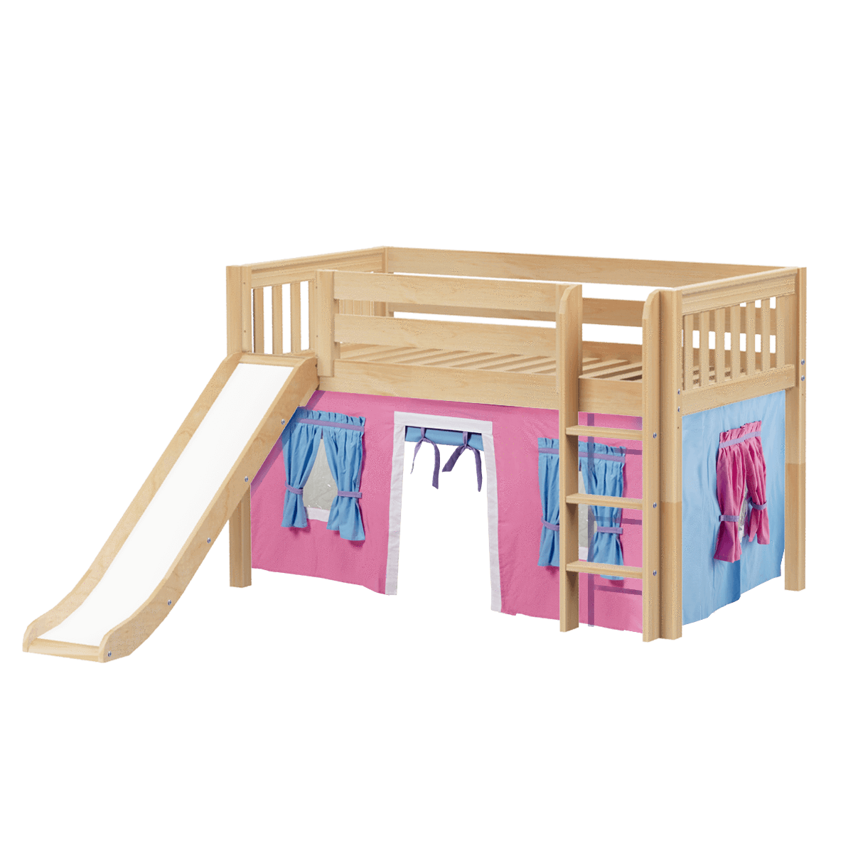 Maxtrix Twin Low Loft Bed with Straight Ladder, Curtain + Slide