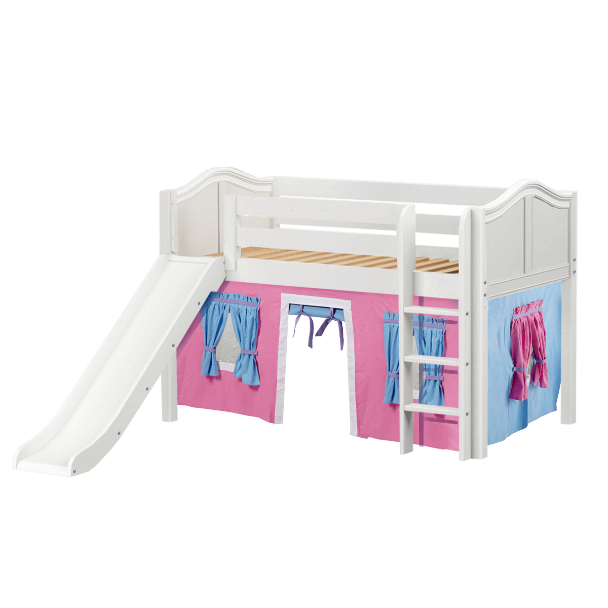 Maxtrix Twin Low Loft Bed with Straight Ladder, Curtain + Slide