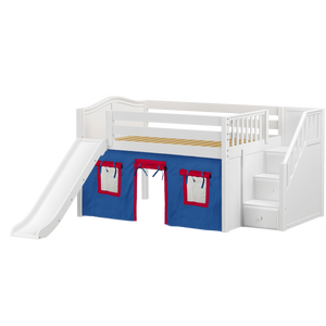 Maxtrix Full Low Loft Bed with Stairs, Curtain + Slide