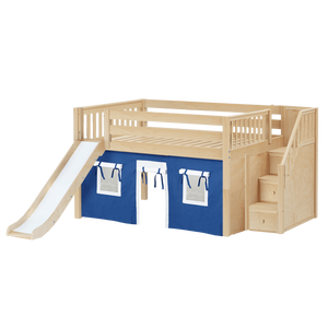 Maxtrix Full Low Loft Bed with Stairs, Curtain + Slide