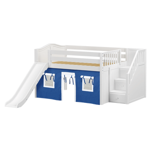 Maxtrix Full Low Loft Bed with Stairs, Curtain + Slide