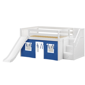 Maxtrix Full Low Loft Bed with Stairs, Curtain + Slide