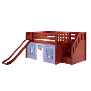 Maxtrix Full Low Loft Bed with Stairs, Curtain + Slide