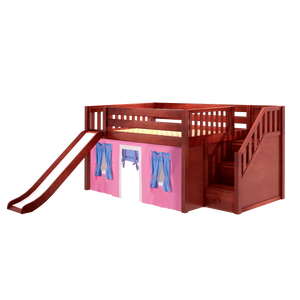 Maxtrix Full Low Loft Bed with Stairs, Curtain + Slide