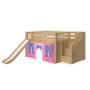 Maxtrix Full Low Loft Bed with Stairs, Curtain + Slide