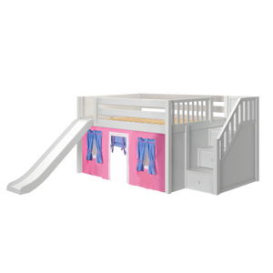 Maxtrix Full Low Loft Bed with Stairs, Curtain + Slide