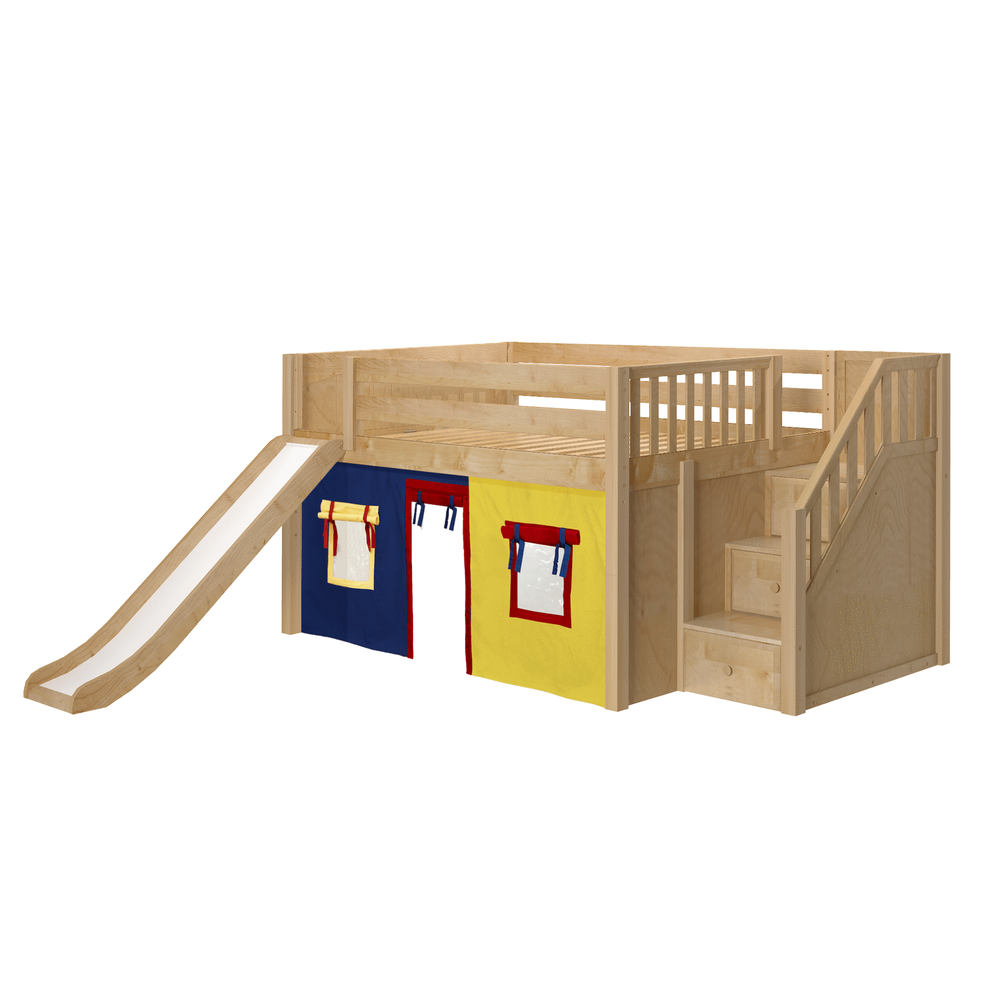 Maxtrix Full Low Loft Bed with Stairs, Curtain + Slide