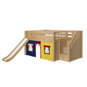 Maxtrix Full Low Loft Bed with Stairs, Curtain + Slide