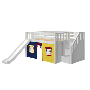 Maxtrix Full Low Loft Bed with Stairs, Curtain + Slide
