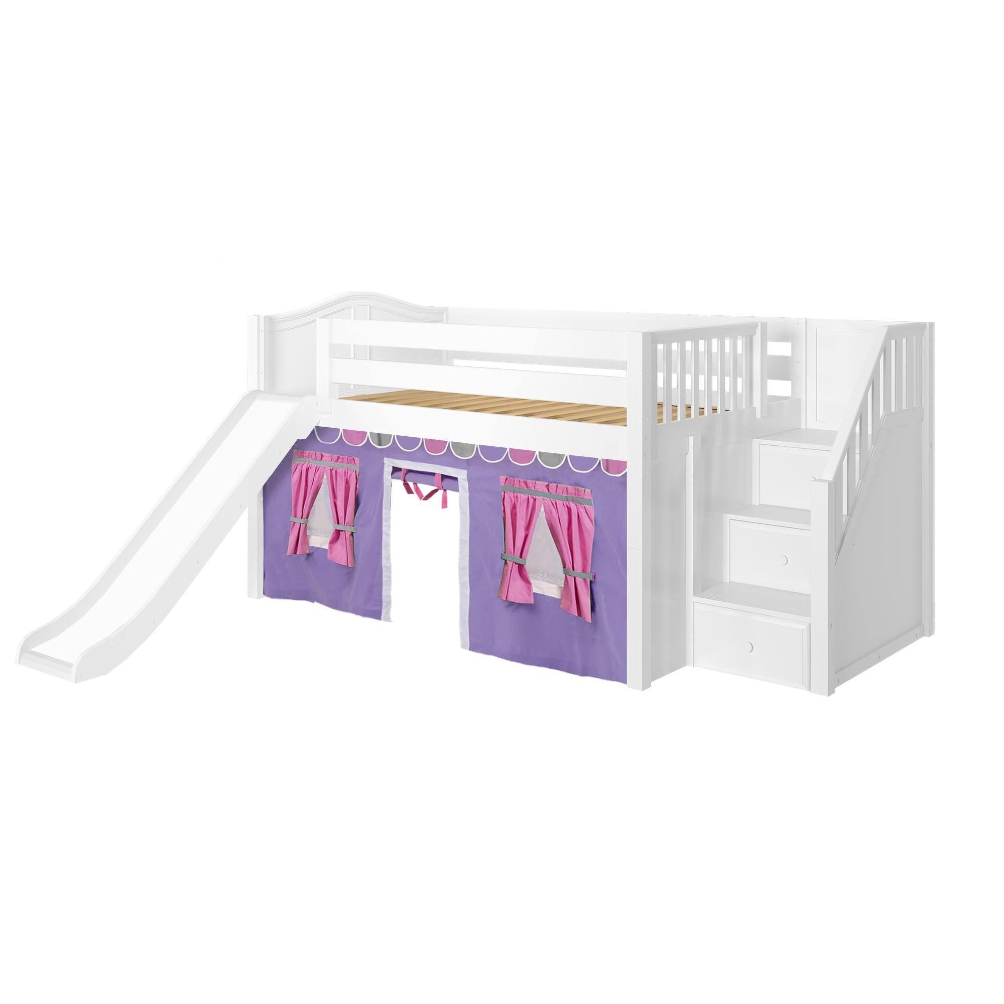 Maxtrix Full Low Loft Bed with Stairs, Curtain + Slide