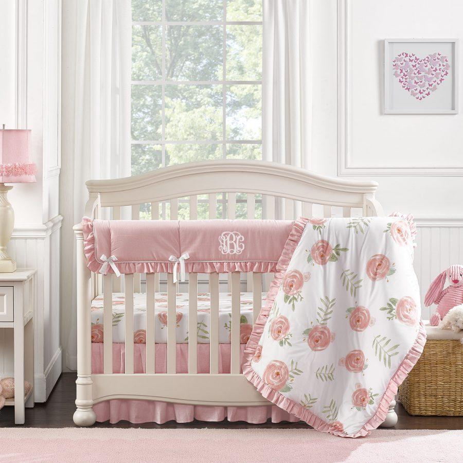 Liz & Roo Pink Peony Bumperless Crib Bedding 4-pc. Set with Quilt