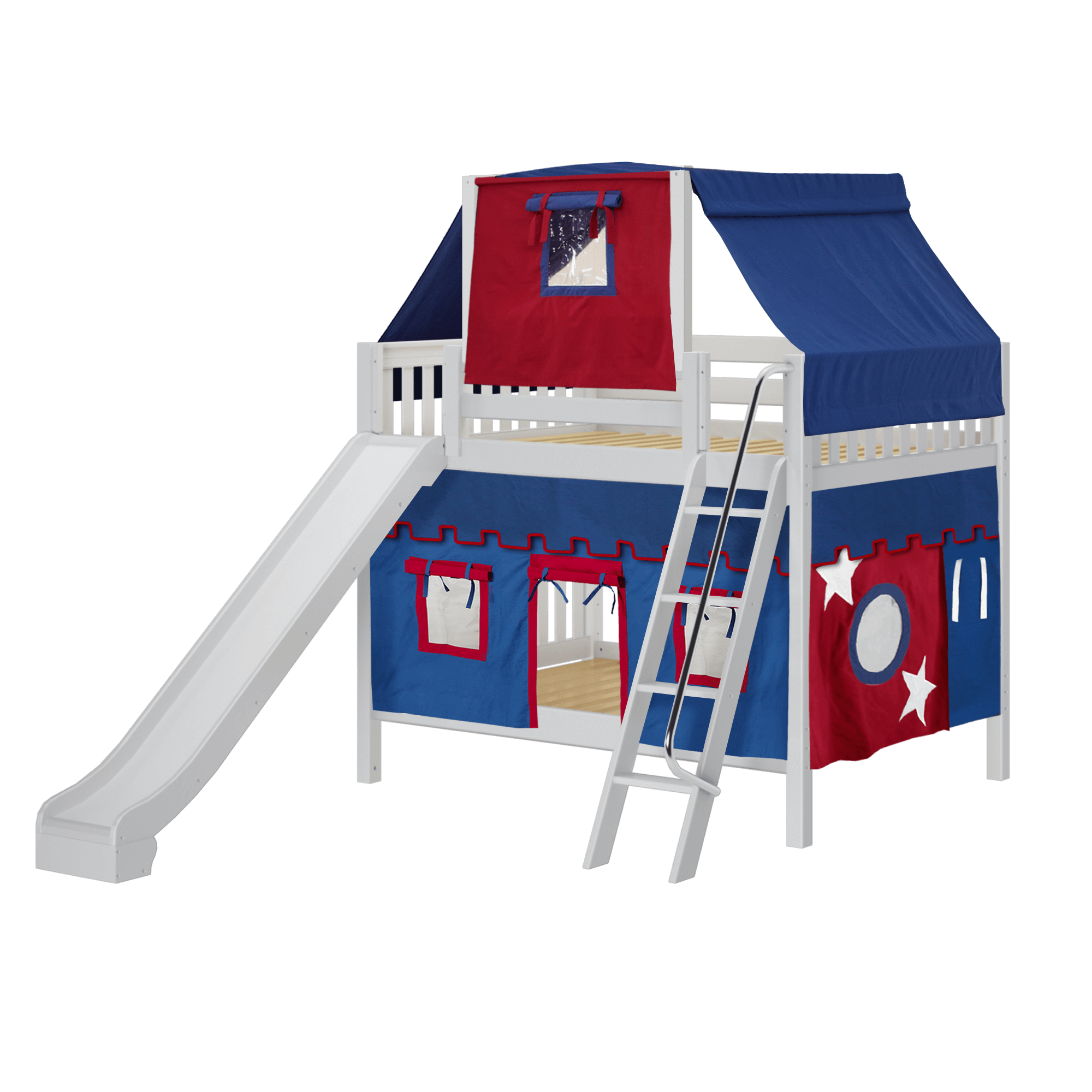 Maxtrix Full Medium Bunk Bed with Angled Ladder, Curtain, Top Tent + Slide