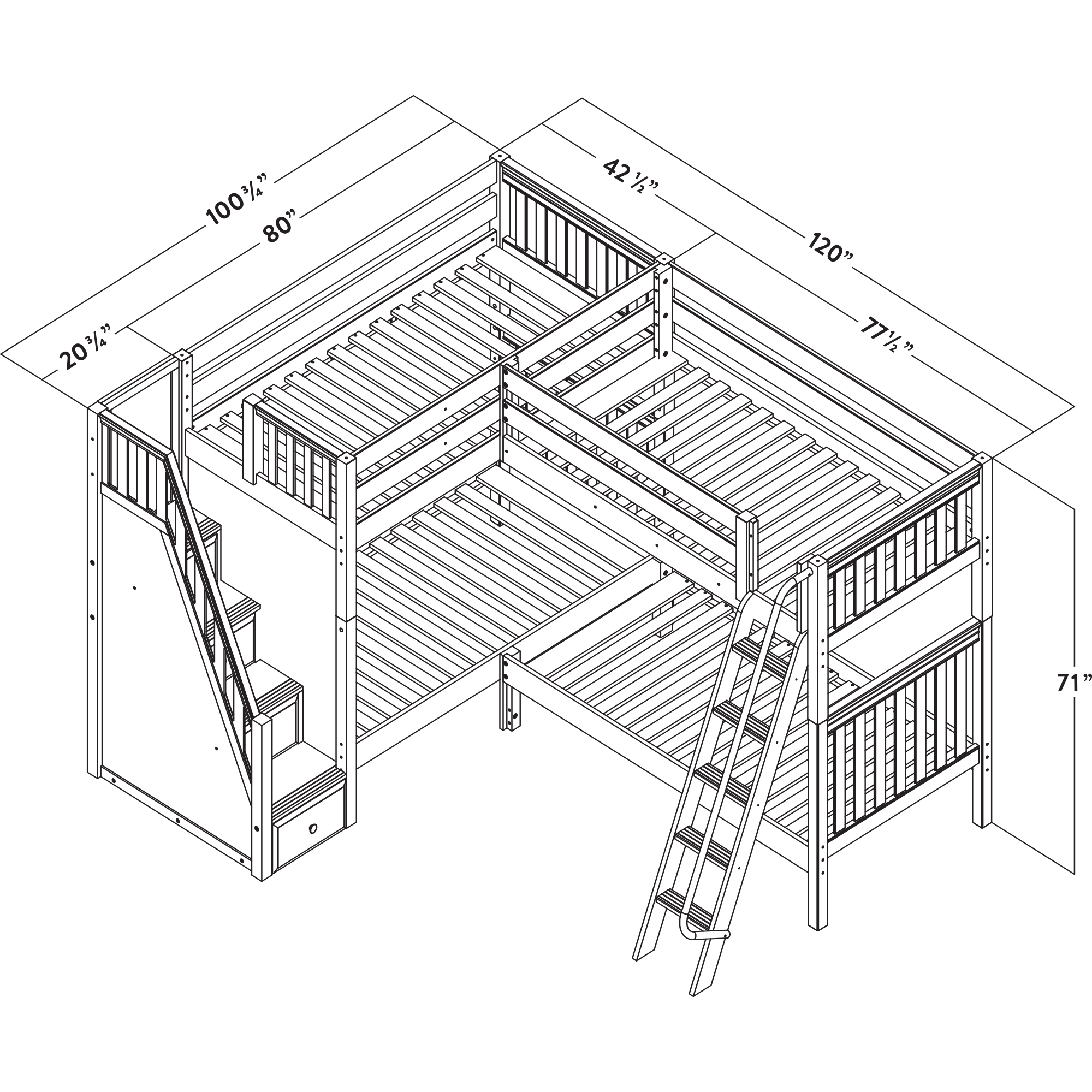 Maxtrix Twin High Corner Bunk Bed with Ladder + Stairs - L