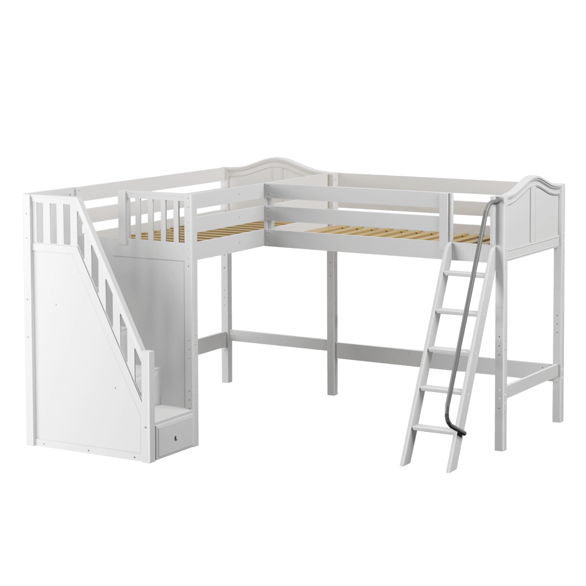 Maxtrix Twin High Corner Loft Bed with Ladder + Stairs - L