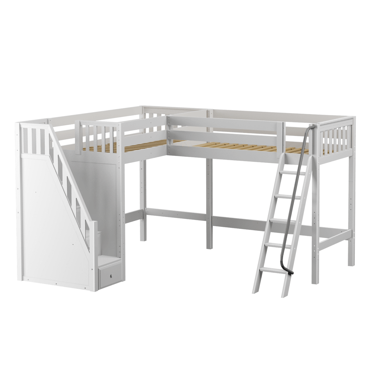 Maxtrix Twin High Corner Loft Bed with Ladder + Stairs - L