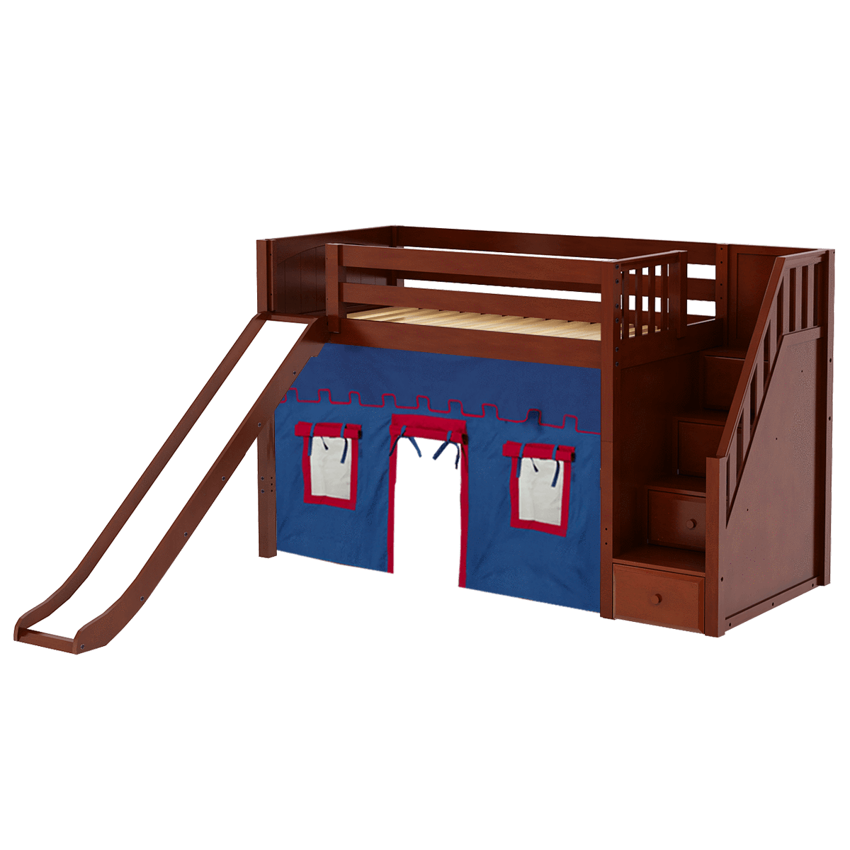 Maxtrix Twin Mid Loft Bed with Stairs, Curtain + Slide