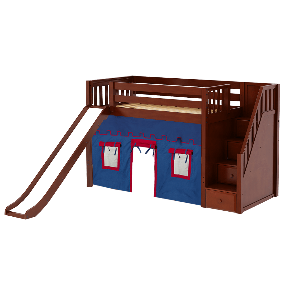 Maxtrix Twin Mid Loft Bed with Stairs, Curtain + Slide