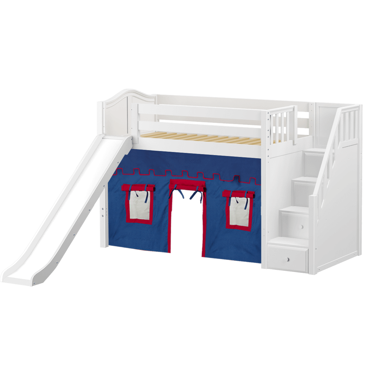 Maxtrix Twin Mid Loft Bed with Stairs, Curtain + Slide