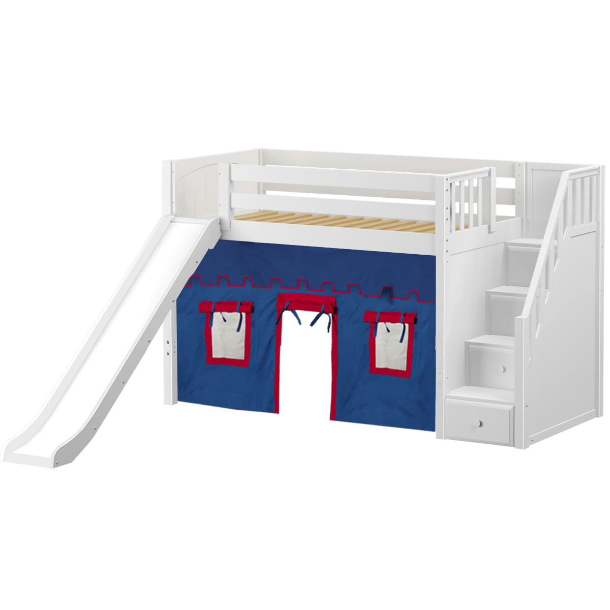 Maxtrix Twin Mid Loft Bed with Stairs, Curtain + Slide