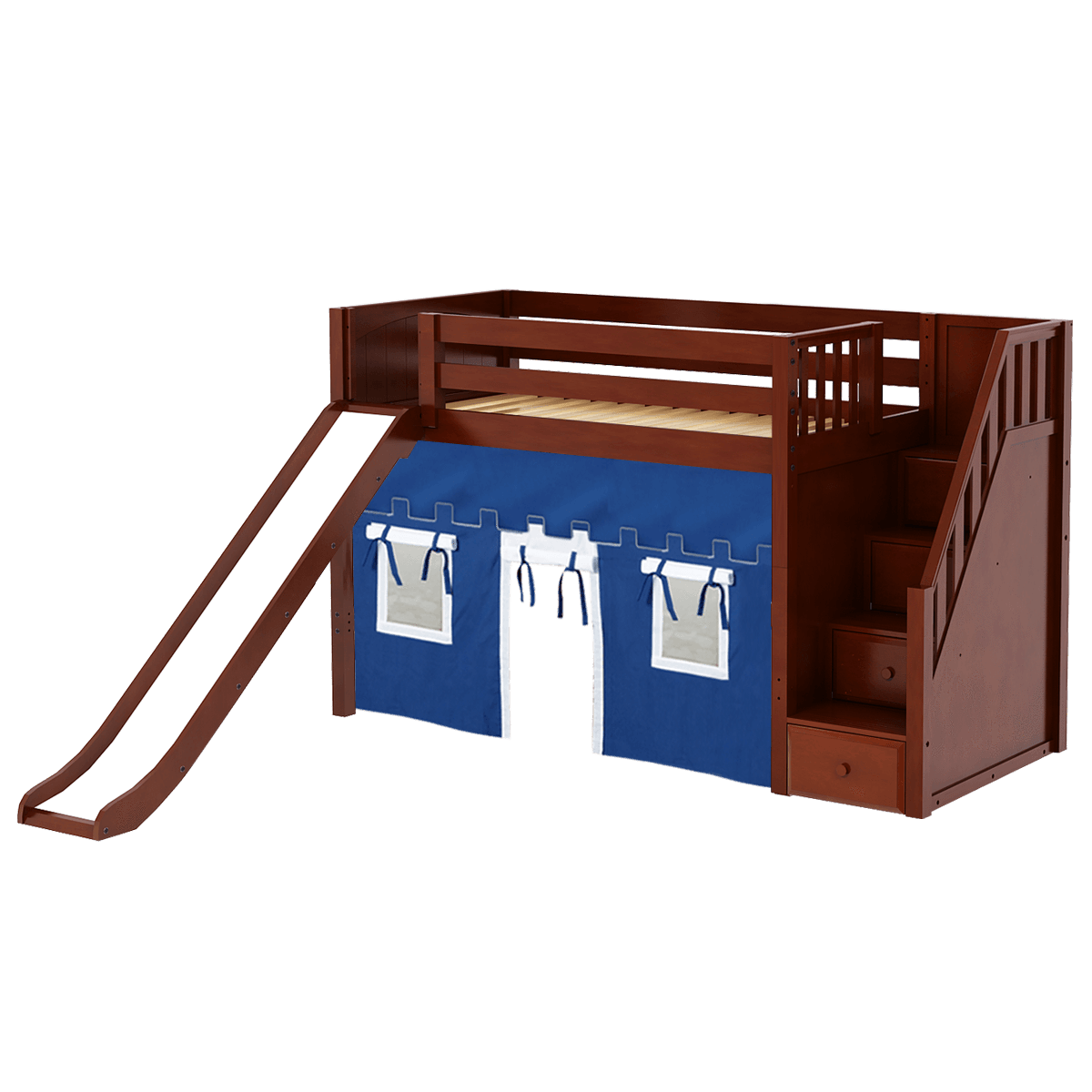 Maxtrix Twin Mid Loft Bed with Stairs, Curtain + Slide