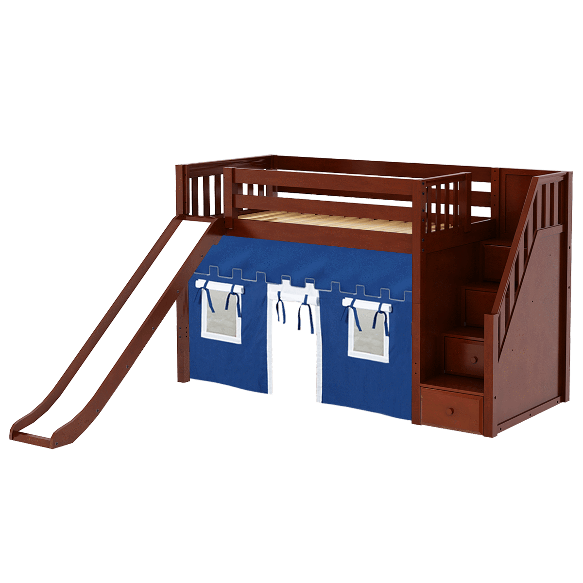 Maxtrix Twin Mid Loft Bed with Stairs, Curtain + Slide