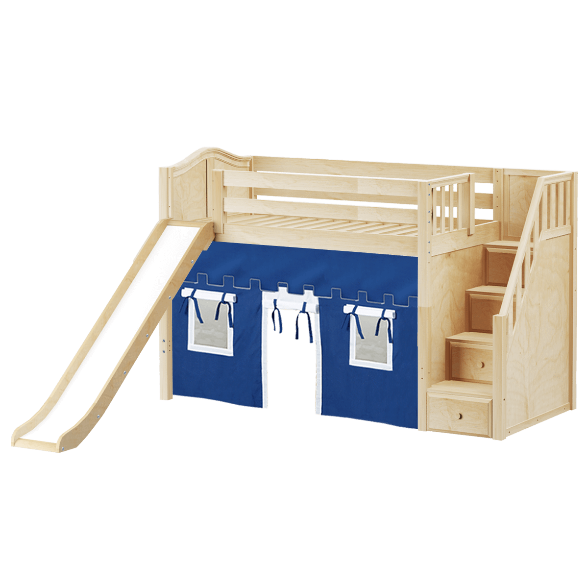 Maxtrix Twin Mid Loft Bed with Stairs, Curtain + Slide