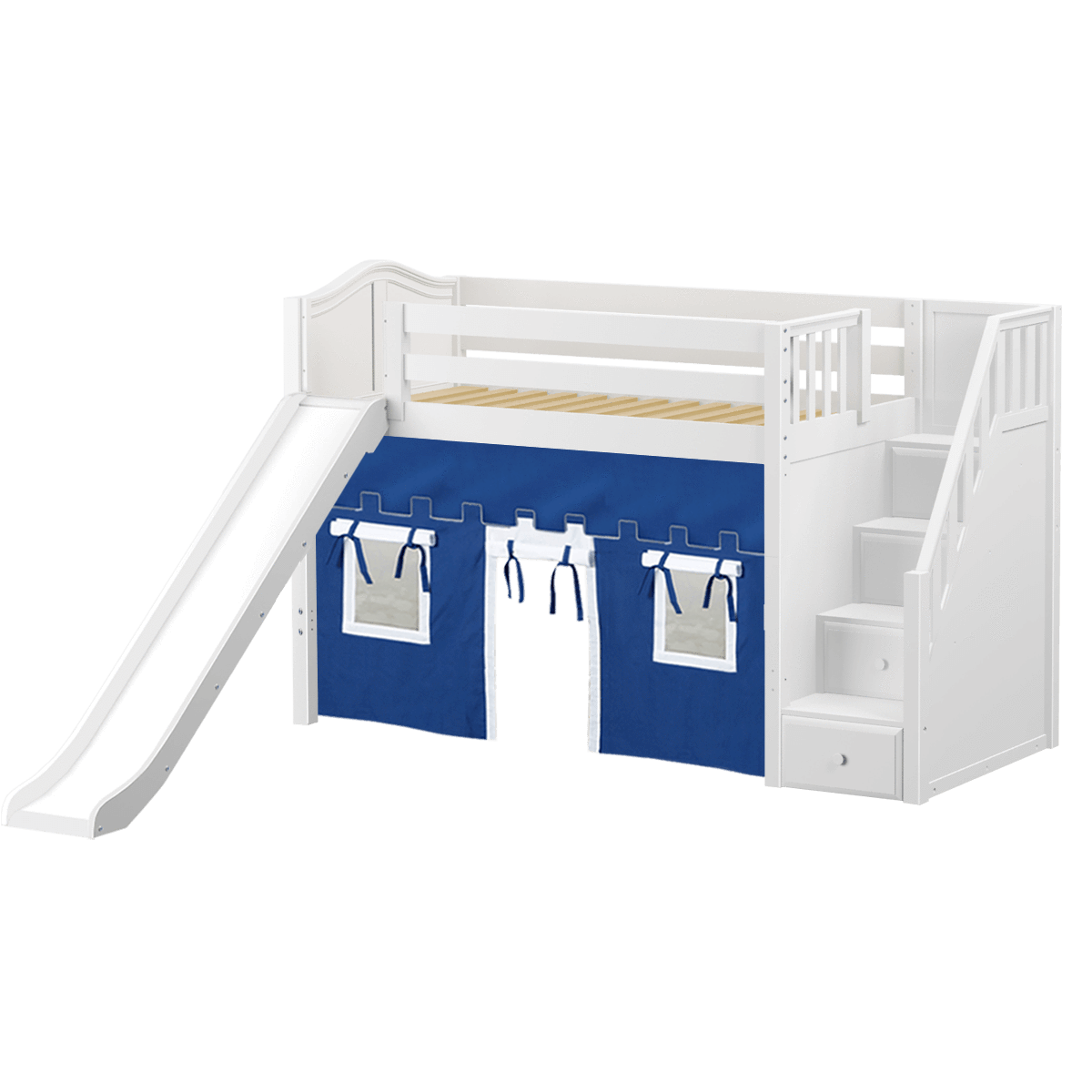 Maxtrix Twin Mid Loft Bed with Stairs, Curtain + Slide