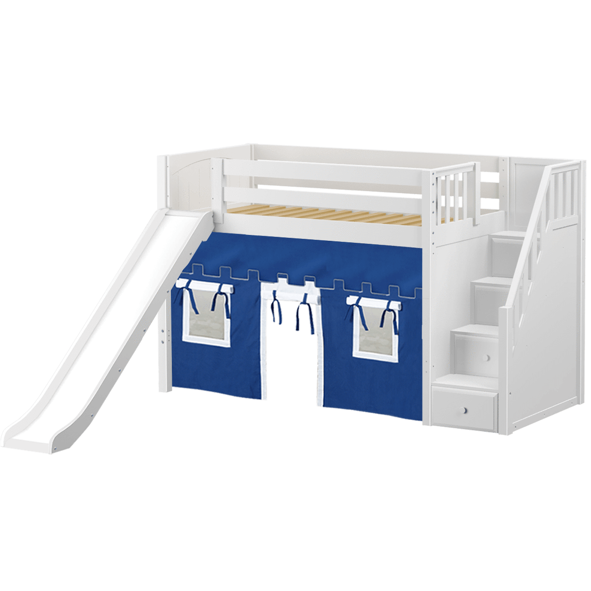 Maxtrix Twin Mid Loft Bed with Stairs, Curtain + Slide